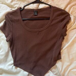 SHEIN Chocolate Brown Ribbed Scoop Hem Crop Top